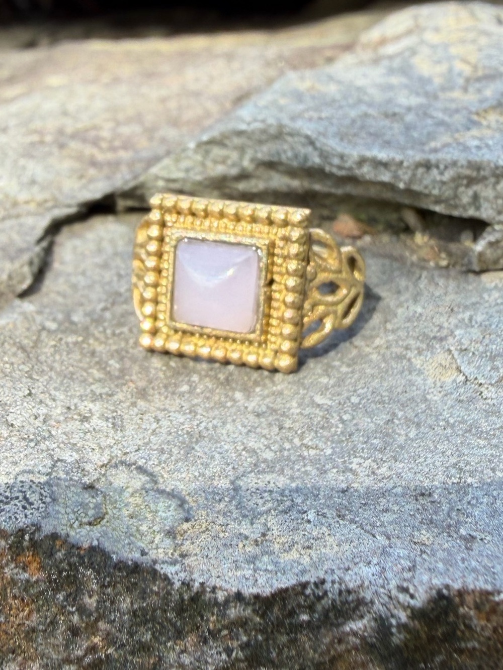 Genuine Rose Quartz Square Gemstone Gold Plate Stone Pinky Ring 5.5
